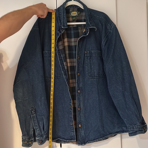 Cabela's Blue Jean Flannel Green Plaid Lined Cotton Denim Jean Jacket Men's Size - Picture 5 of 6